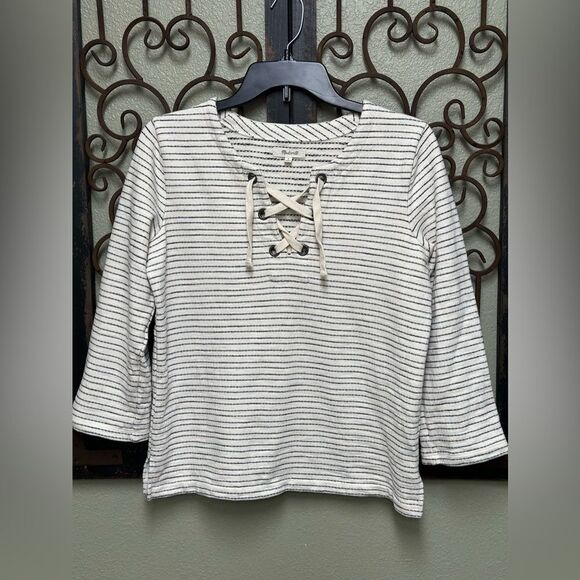 Madewell lace up pullover cream/navy striped top - Picture 3 of 7
